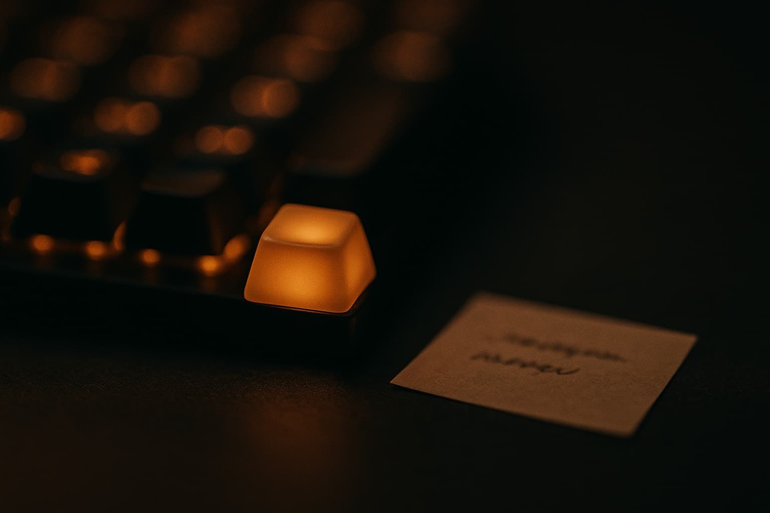 Glowing keyboard key beside a handwritten note, the split between AI drafting and human judgment