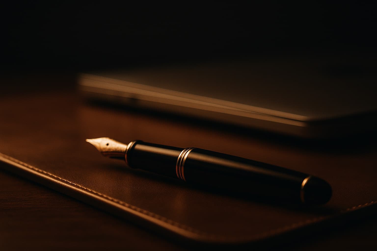 Fountain pen resting on a cleared leather desk pad beside a closed laptop, the desk of a founder who delegated his admin work