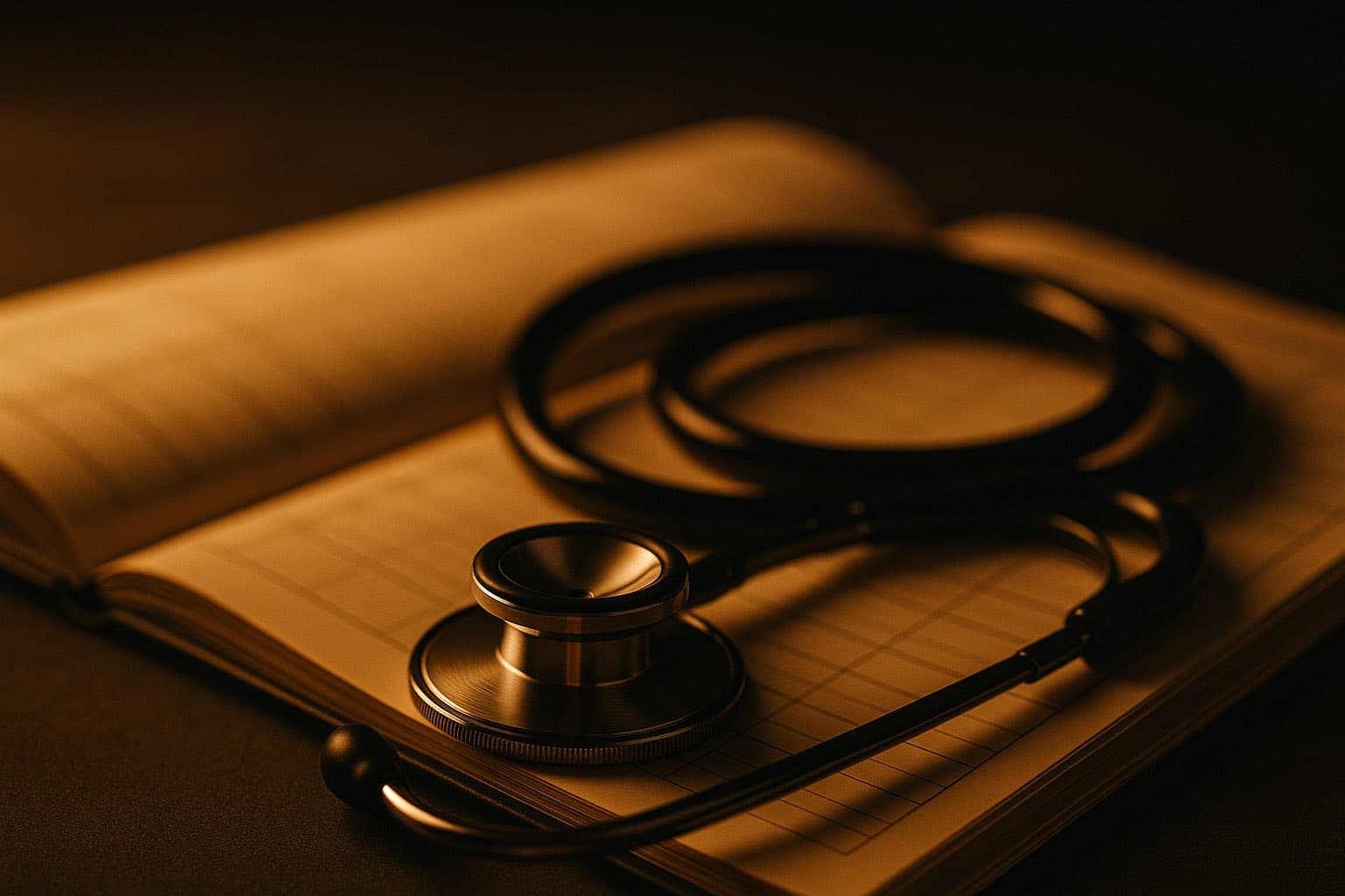 Stethoscope resting on an open paper appointment ledger in warm light