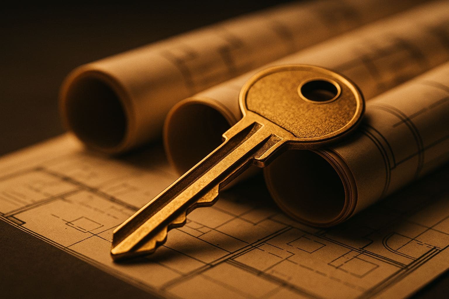 Brass house key resting on rolled floor plans, the handoff of a real estate transaction